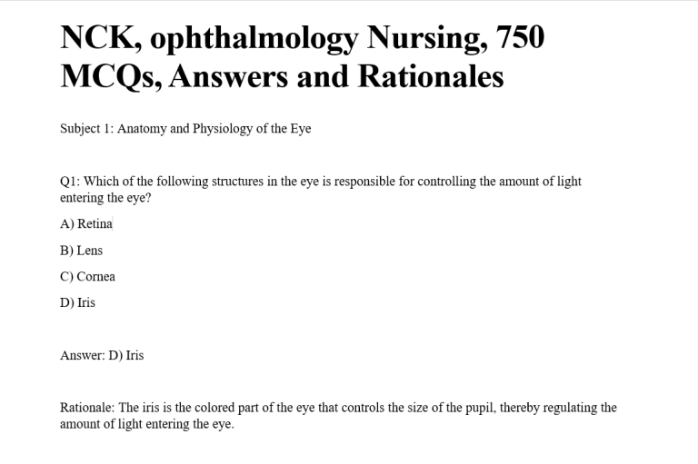 NCK, ophthalmology Nursing, 750 MCQs, Answers and Rationales
