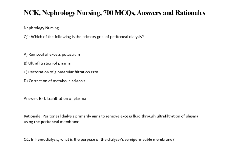 NCK, Nephrology Nursing, 700 MCQs, Answers and Rationales