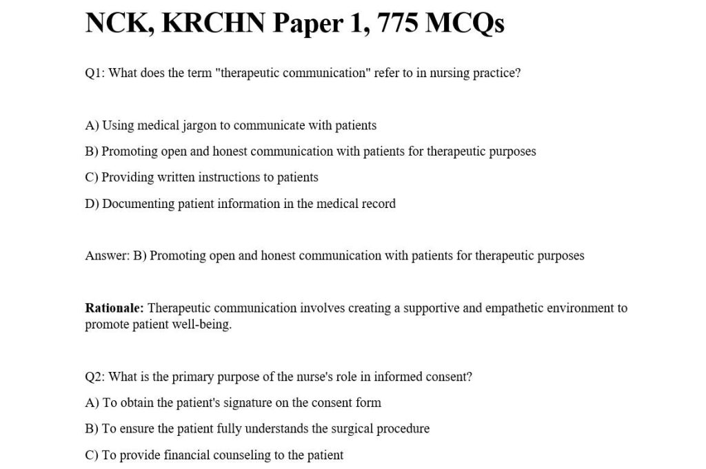 NCK, KRCHN Paper 1, 775 MCQs And Answers And Rationales - Kenya Med Exams