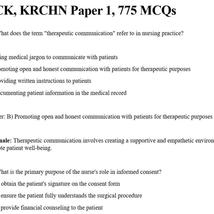 NCK, KRCHN Paper 1, 775 MCQs and Answers and Rationales