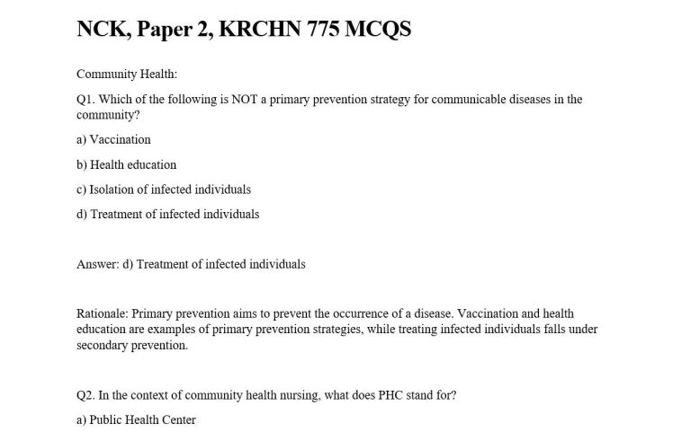 NCK, Paper 2, KRCHN 775 MCQS, Answers and Rationales
