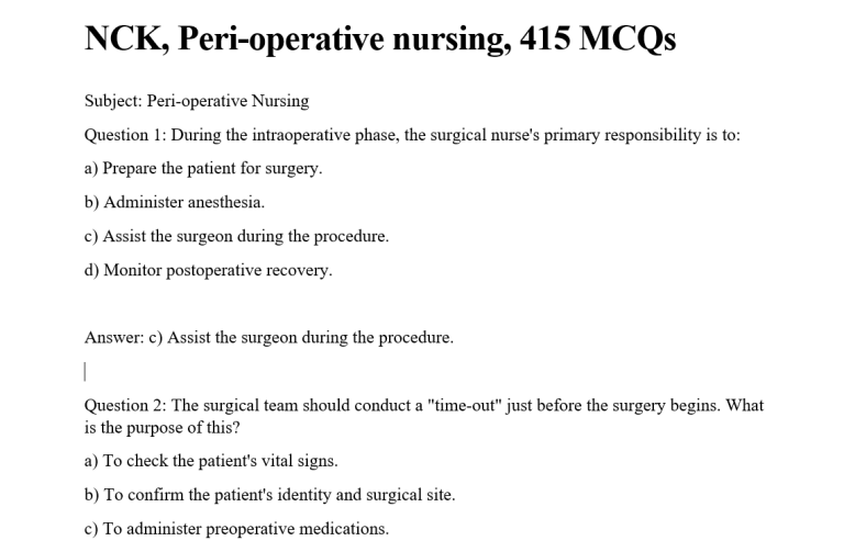 NCK, Peri-operative nursing, 415 MCQs