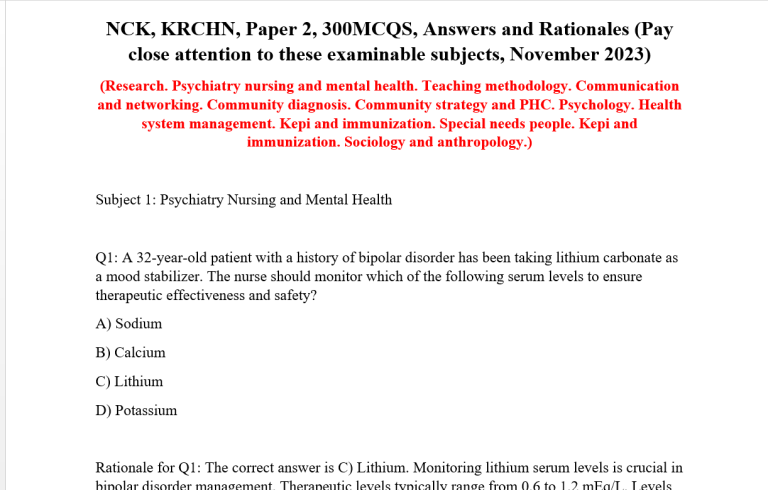 NCK, KRCHN, Paper 2, 300MCQS, Answers and Rationales (Pay close attention to these examinable subjects, November 2023)