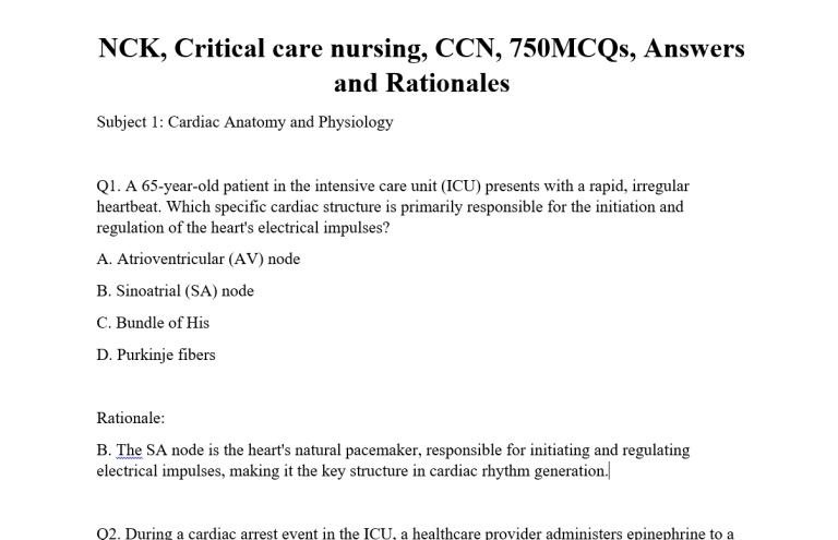 NCK, Critical care nursing, CCN, 750MCQs, Answers and Rationales