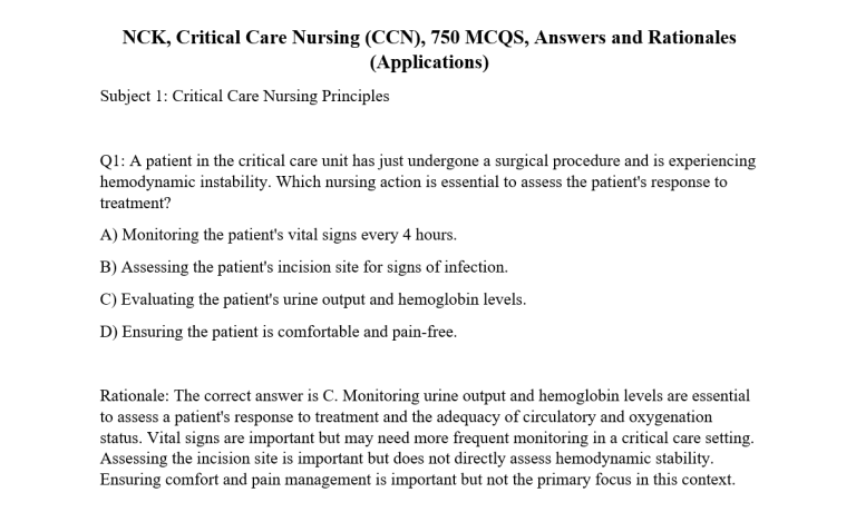 NCK, Diploma,Critical Care Nursing (CCN), 750 MCQS, Answers and Rationales (Applications)