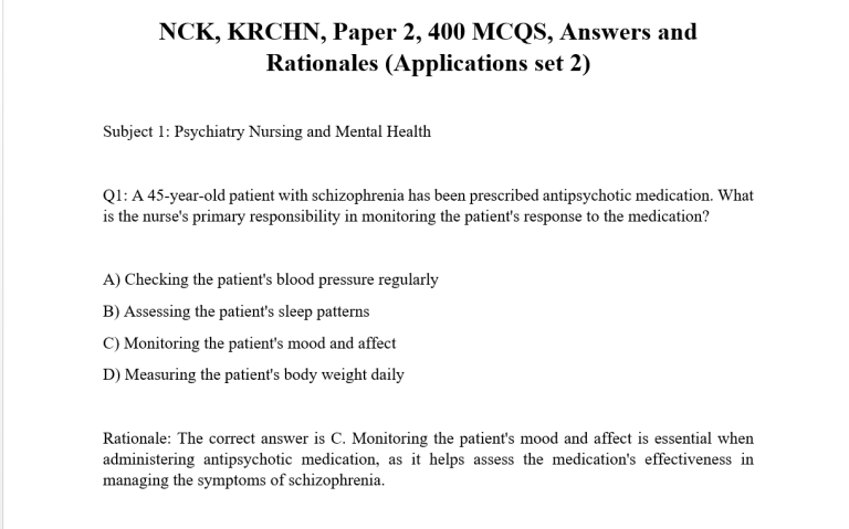 NCK, KRCHN, Paper 2, 400 MCQS, Answers and Rationales (Applications set 2)
