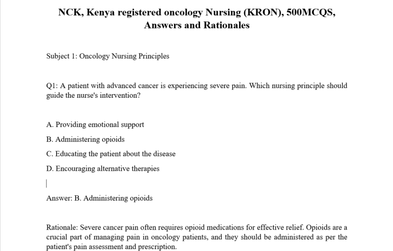 NCK, Kenya registered oncology Nursing (KRON), 500MCQS, Answers and Rationales