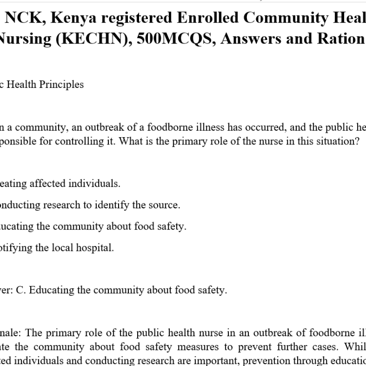 NCK, Kenya registered Enrolled Community Health Nursing (KECHN), 500MCQS, Answers and Rationales