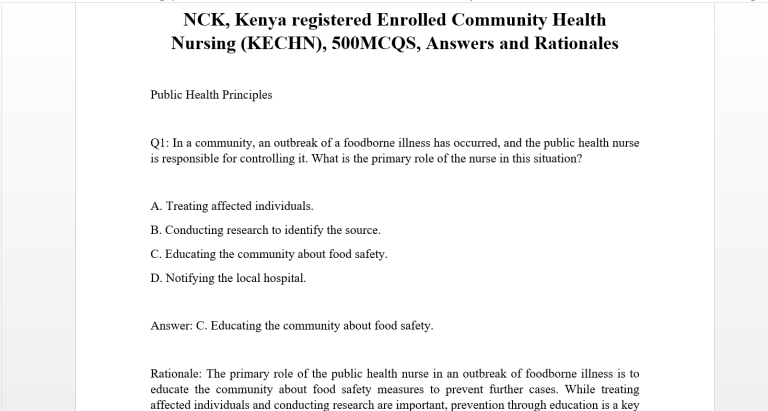 NCK, Kenya registered Enrolled Community Health Nursing (KECHN), 500MCQS, Answers and Rationales
