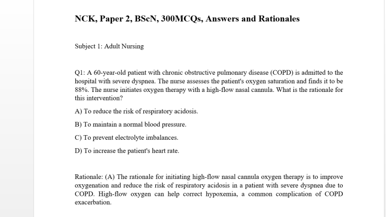 NCK, Paper 2, BScN, 300MCQs, Answers and Rationales
