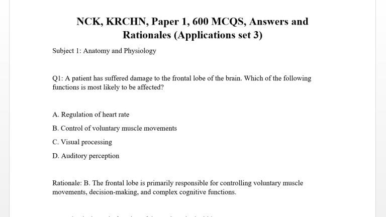 NCK, KRCHN, Paper 1, 600 MCQS, Answers and Rationales (Applications set 3)