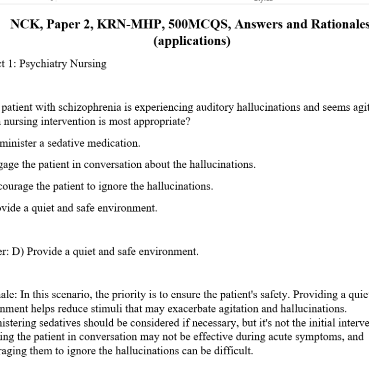 NCK, Paper 2, KRN-MHP, 500MCQS, Answers and Rationales, (applications)