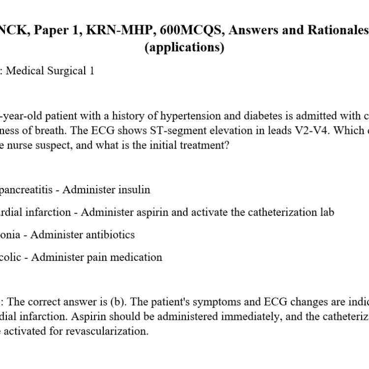 NCK, Paper 1, KRN-MHP, 600MCQS, Answers and Rationales, (applications)