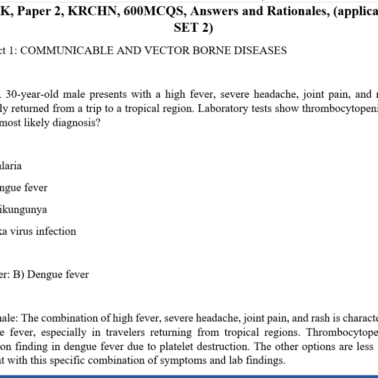 NCK, Paper 2, KRCHN, 600MCQS, Answers and Rationales, (applications SET 2)