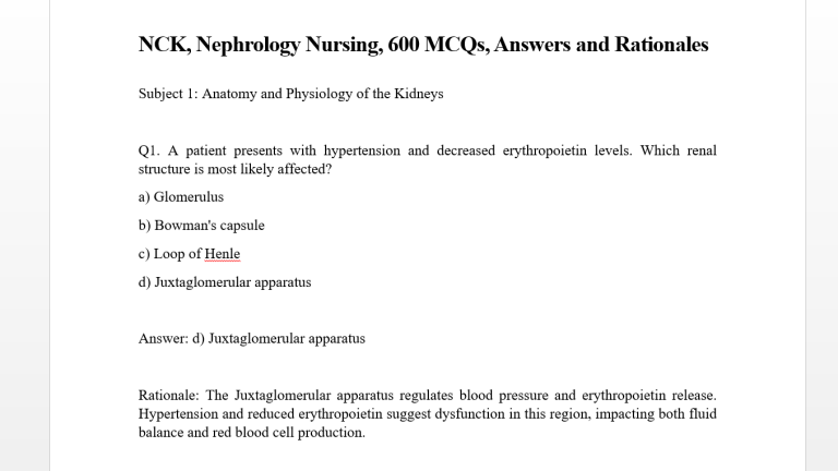 NCK, Nephrology Nursing, 600 MCQs, Answers and Rationales