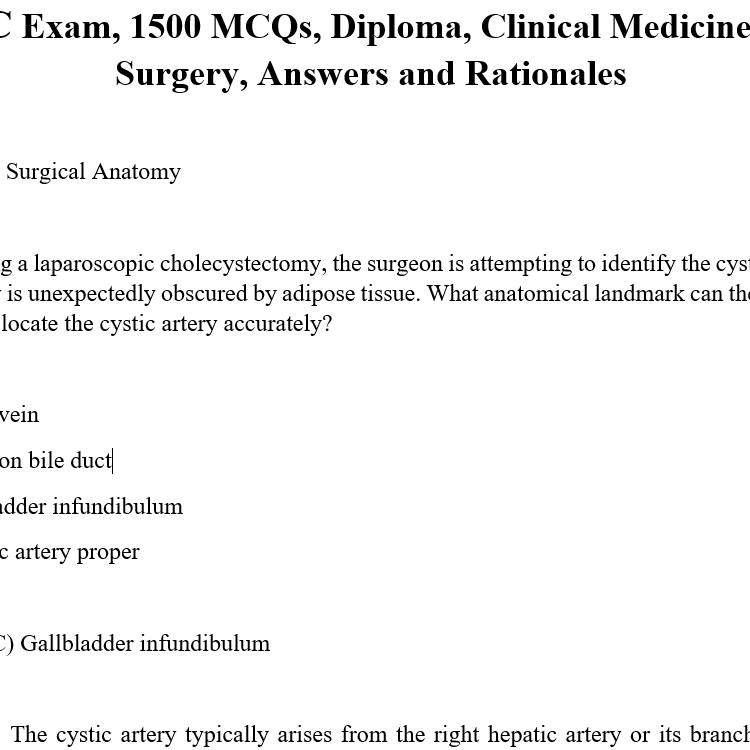 COC Exam, 1500 MCQs, Diploma, Clinical Medicine and Surgery, Answers and Rationales
