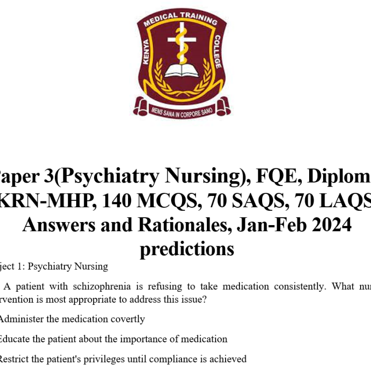 Paper 3(Psychiatry Nursing), FQE, Diploma, KRN-MHP, 140 MCQS, 70 SAQS, 70 LAQS, Answers and Rationales, Jan-Feb 2024 predictions