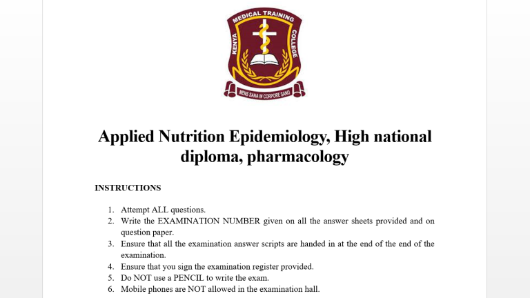 Applied Nutrition Epidemiology, High national diploma, pharmacology