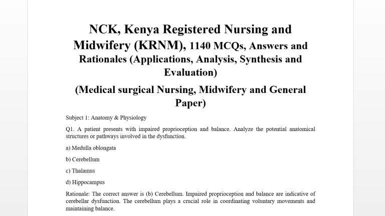 NCK, Kenya Registered Nursing and Midwifery (KRNM), 1140 MCQs, Answers and Rationales (Applications, Analysis, Synthesis and Evaluation) (Medical surgical Nursing, Midwifery and General Paper)
