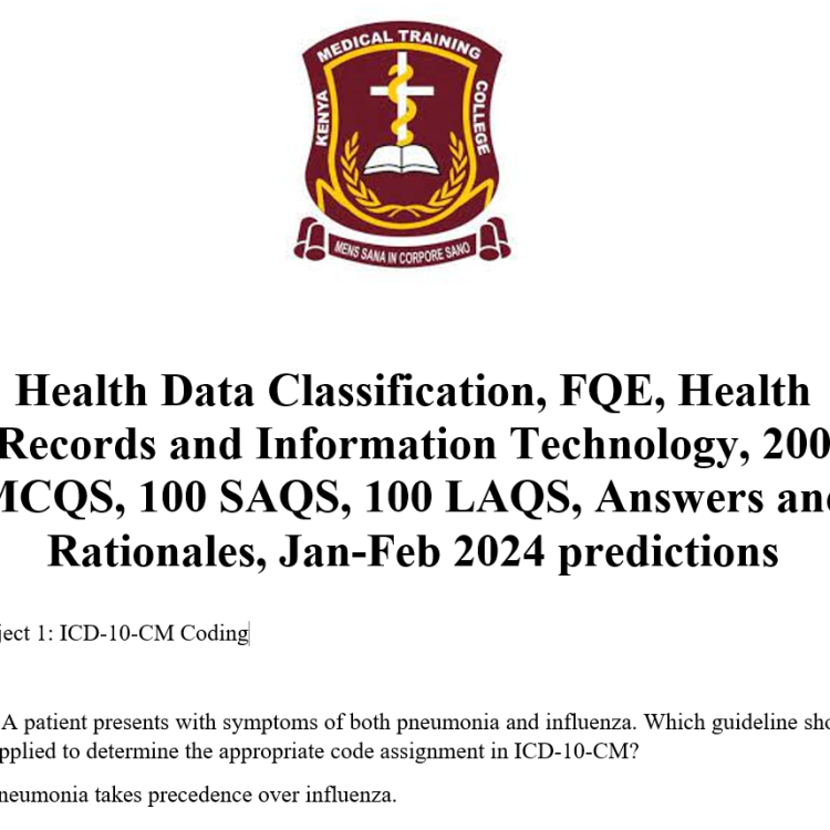 Health Data Classification, FQE, Health Records and Information Technology, 200 MCQS, 100 SAQS, 100 LAQS, Answers and Rationales, Jan-Feb 2024 predictions