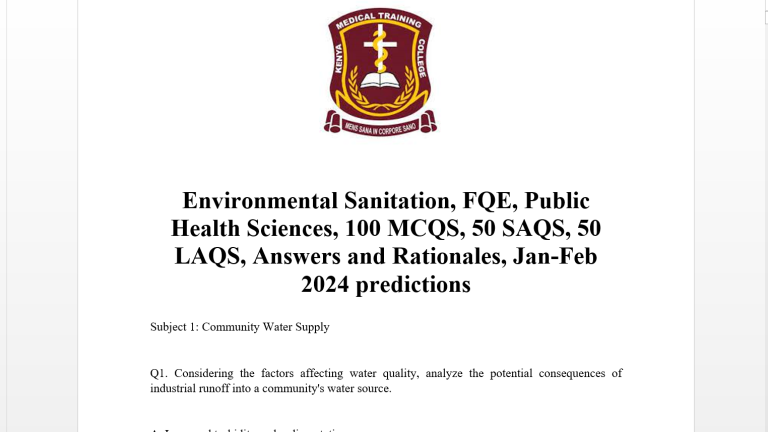 Environmental Sanitation, FQE, Public Health Sciences, 100 MCQS, 50 SAQS, 50 LAQS, Answers and Rationales, Jan-Feb 2024 predictions