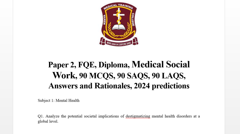 Paper 2, FQE, Diploma, Medical Social Work, 90 MCQS, 90 SAQS, 90 LAQS, Answers and Rationales, 2024 predictions