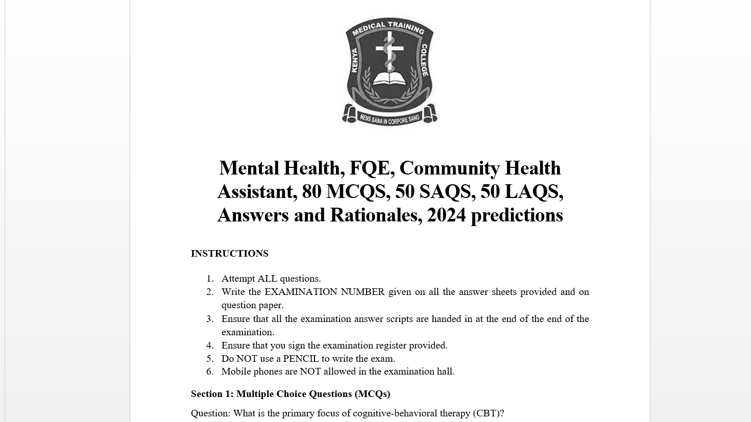 Mental Health, FQE, Community Health Assistant, 80 MCQS, 50 SAQS