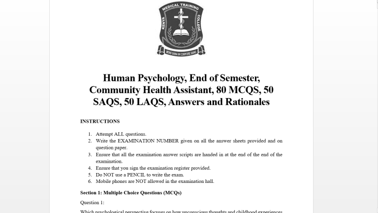 Human Psychology, End of Semester, Community Health Assistant, 80 MCQS, 50 SAQS, 50 LAQS, Answers and Rationales