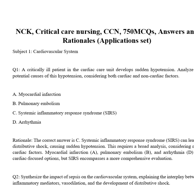 NCK, Critical care nursing, CCN, 750MCQs, Answers and Rationales (Applications set)