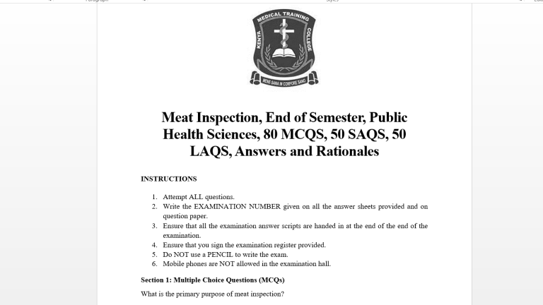 Meat Inspection, End of Semester, Public Health Sciences, 80 MCQS, 50 SAQS, 50 LAQS, Answers and Rationales