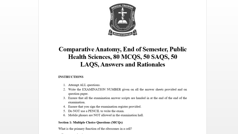 Comparative Anatomy, End of Semester, Public Health Sciences, 80 MCQS, 50 SAQS, 50 LAQS, Answers and Rationales