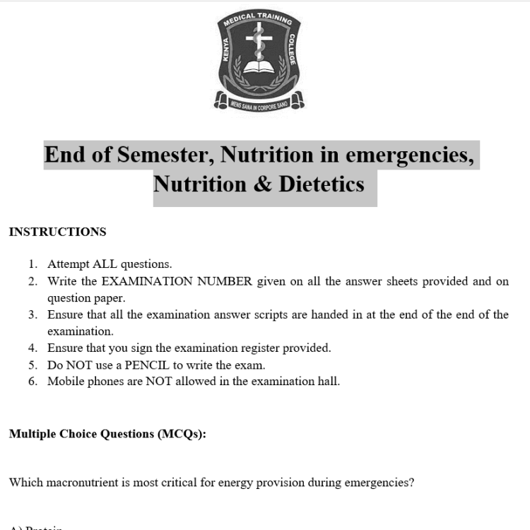 End of Semester, Nutrition in emergencies, Nutrition & Dietetics