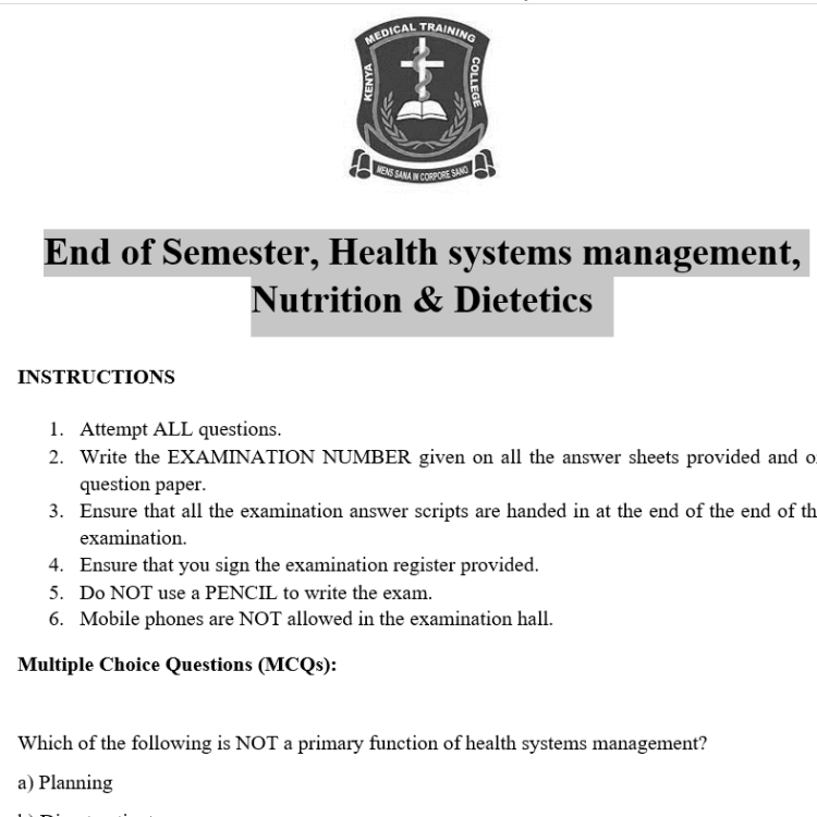 End of Semester, Health systems management, Nutrition & Dietetics
