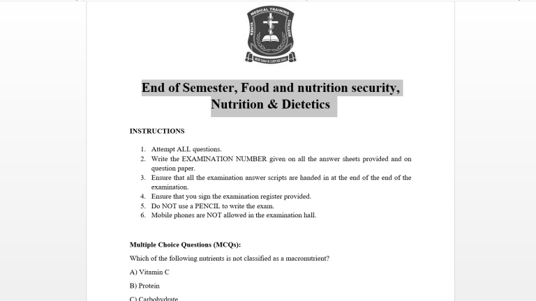 End of Semester, Food and nutrition security, Nutrition & Dietetics