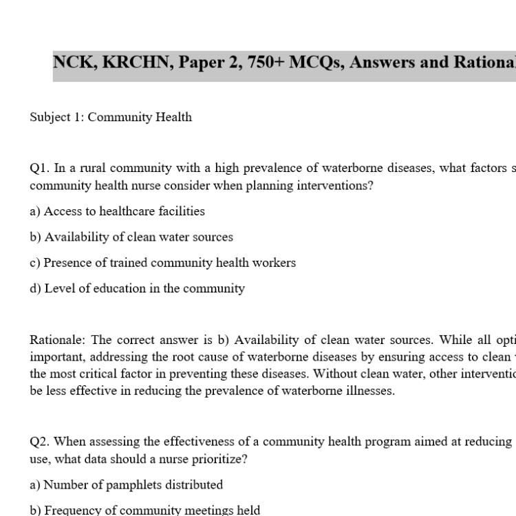 NCK, KRCHN, Paper 2, 750+ MCQs, Answers and Rationales