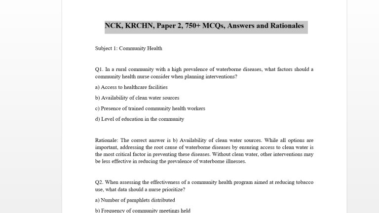NCK, KRCHN, Paper 2, 750+ MCQs, Answers and Rationales