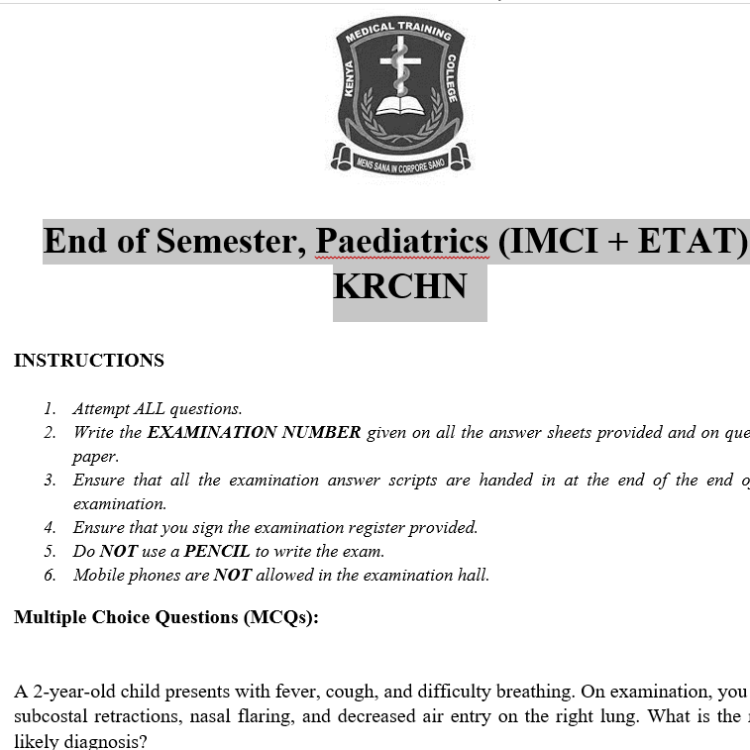 End of Semester, Paediatrics (IMCI + ETAT), KRCHN