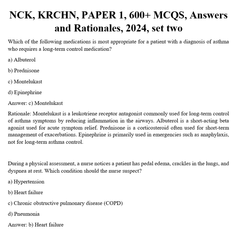 NCK, KRCHN, PAPER 1, 600+ MCQS, Answers and Rationales, 2024, set two