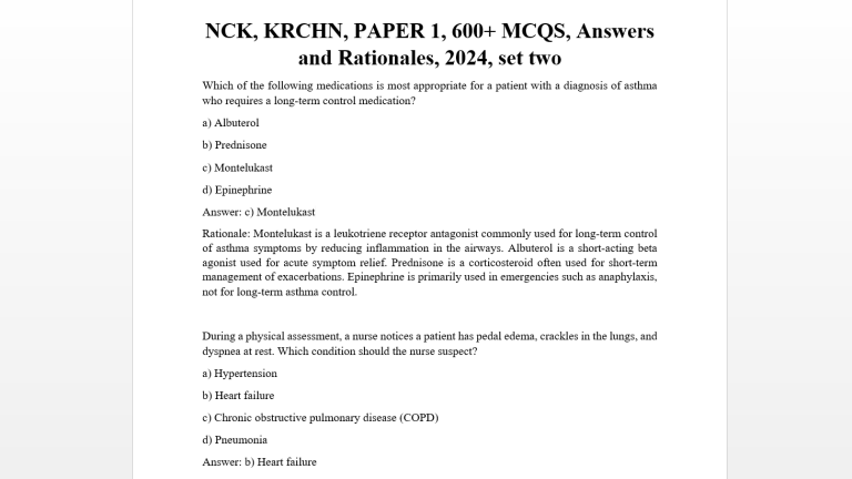 NCK, KRCHN, PAPER 1, 600+ MCQS, Answers and Rationales, 2024, set two