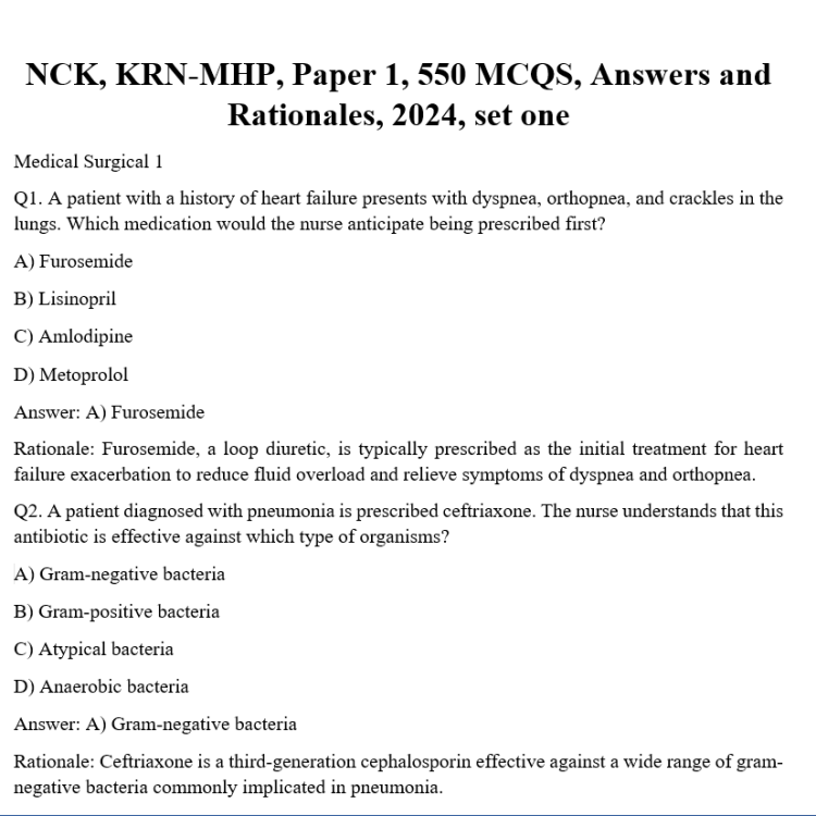 NCK, KRN-MHP, Paper 1, 550 MCQS, Answers and Rationales, 2024, set one