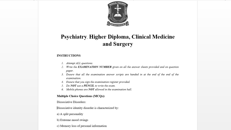 Psychiatry, Higher Diploma, Clinical Medicine and Surgery