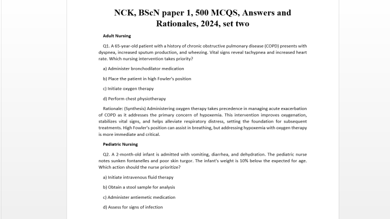 NCK, BScN paper 1, 500 MCQS, Answers and Rationales, 2024, set two