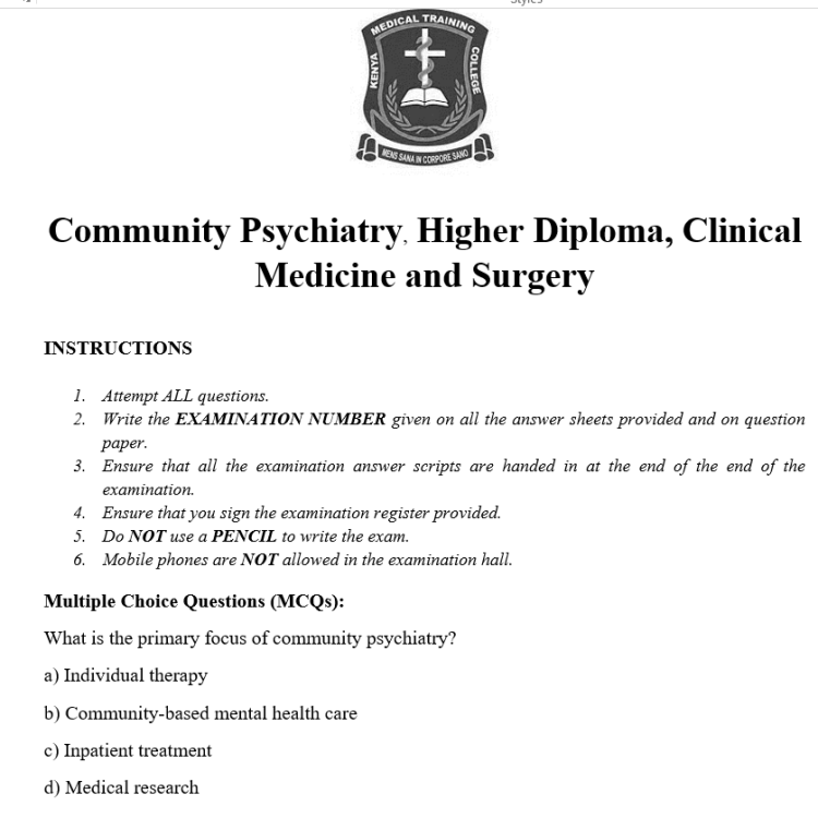 Community Psychiatry, Higher Diploma, Clinical Medicine and Surgery