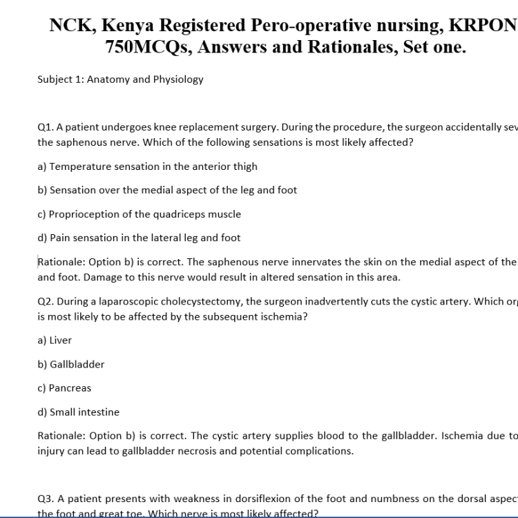 NCK, Kenya Registered Pero-operative nursing, KRPON, 750MCQs, Answers and Rationales, Set one.