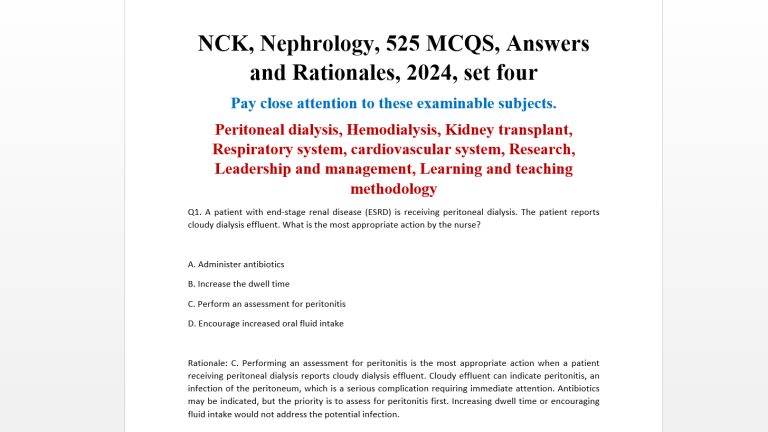 NCK, Nephrology, 525 MCQS, Answers and Rationales, 2024, set four