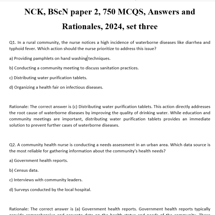 NCK, BScN paper 2, 750 MCQS, Answers and Rationales, 2024, set three