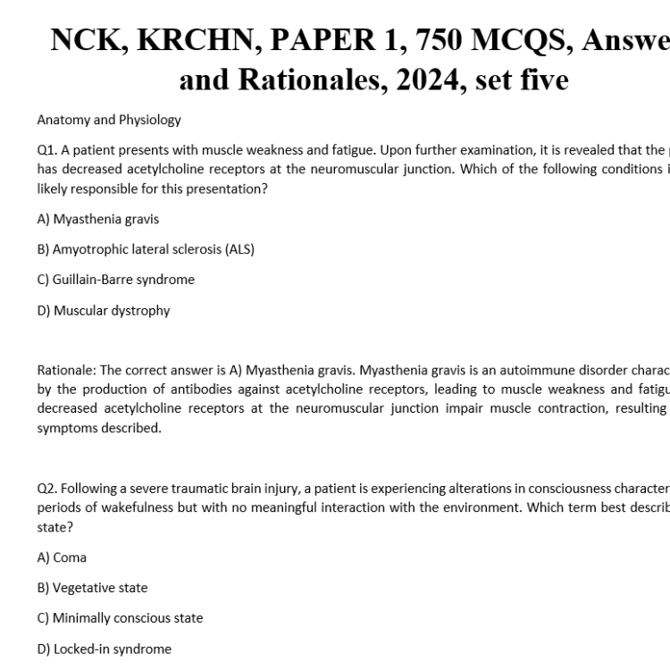 NCK, KRCHN, PAPER 1, 750 MCQS, Answers and Rationales, 2024, set five