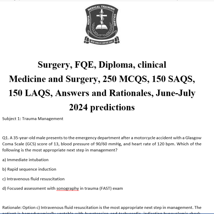 Surgery, FQE, Diploma, clinical Medicine and Surgery, 250 MCQS, 150 SAQS, 150 LAQS, Answers and Rationales, June-July 2024 predictions