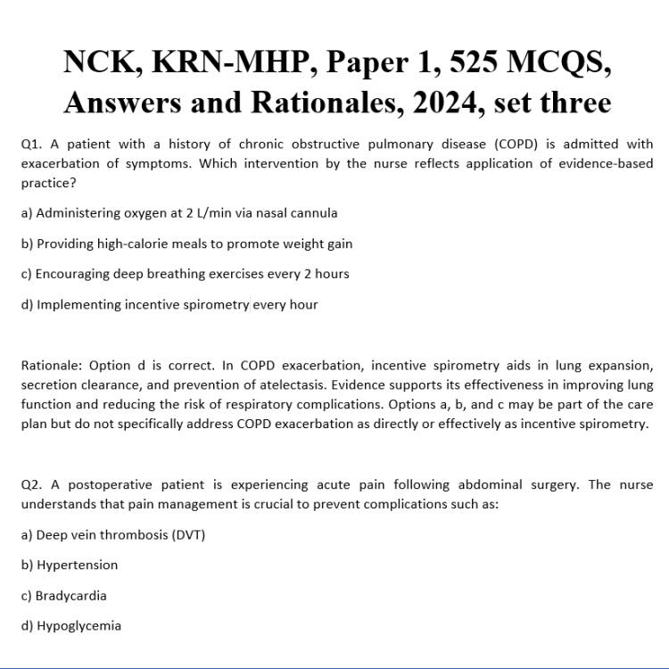 NCK, KRN-MHP, Paper 1, 525 MCQS, Answers and Rationales, 2024, set three