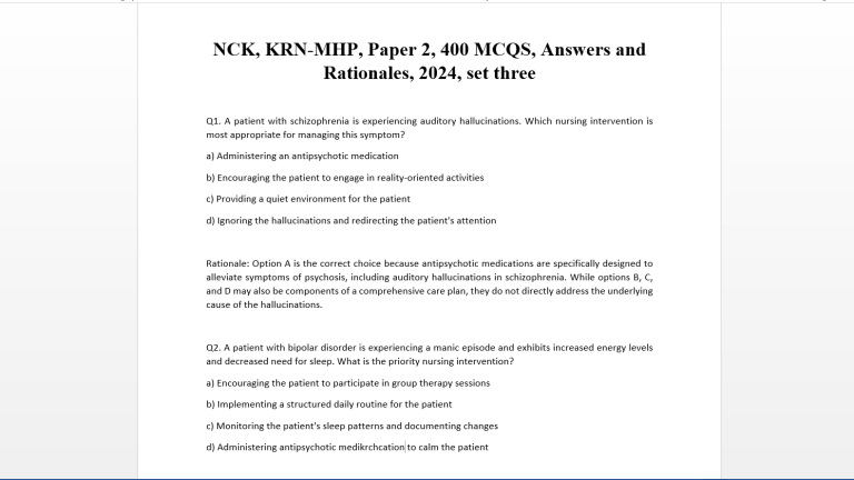 NCK, KRN-MHP, Paper 2, 400 MCQS, Answers and Rationales, 2024, set three